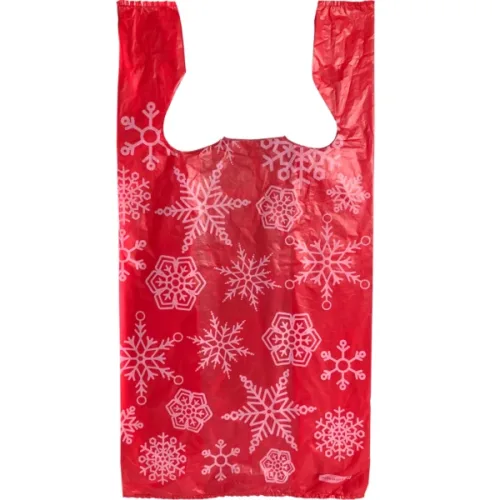 High Density Economical T-Shirt Bags without Print - Holiday T-Shirt Bag with Snowflakes in Red, White, Clear, Dark Green